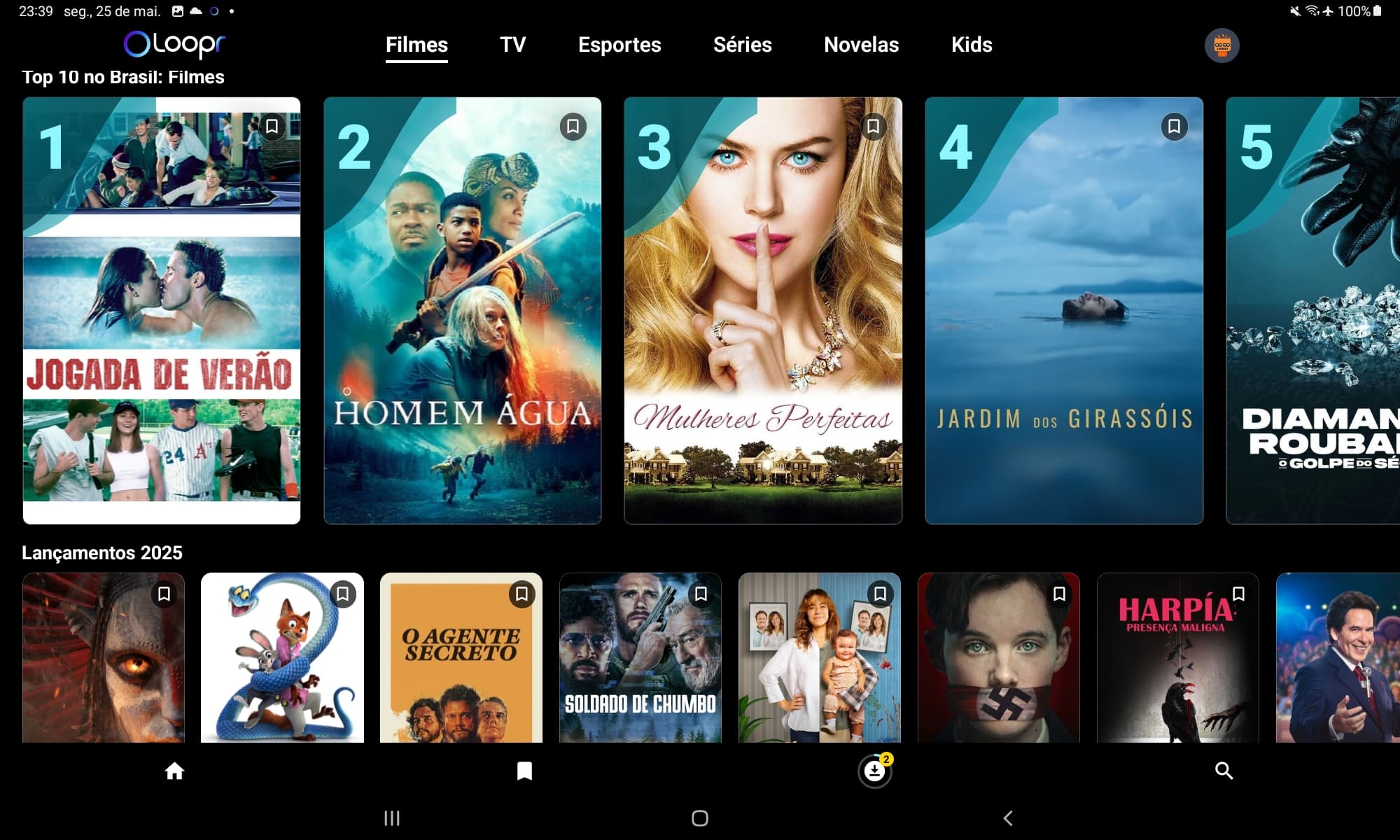 Tela do app Loopr com Top 10 de filmes e lançamentos