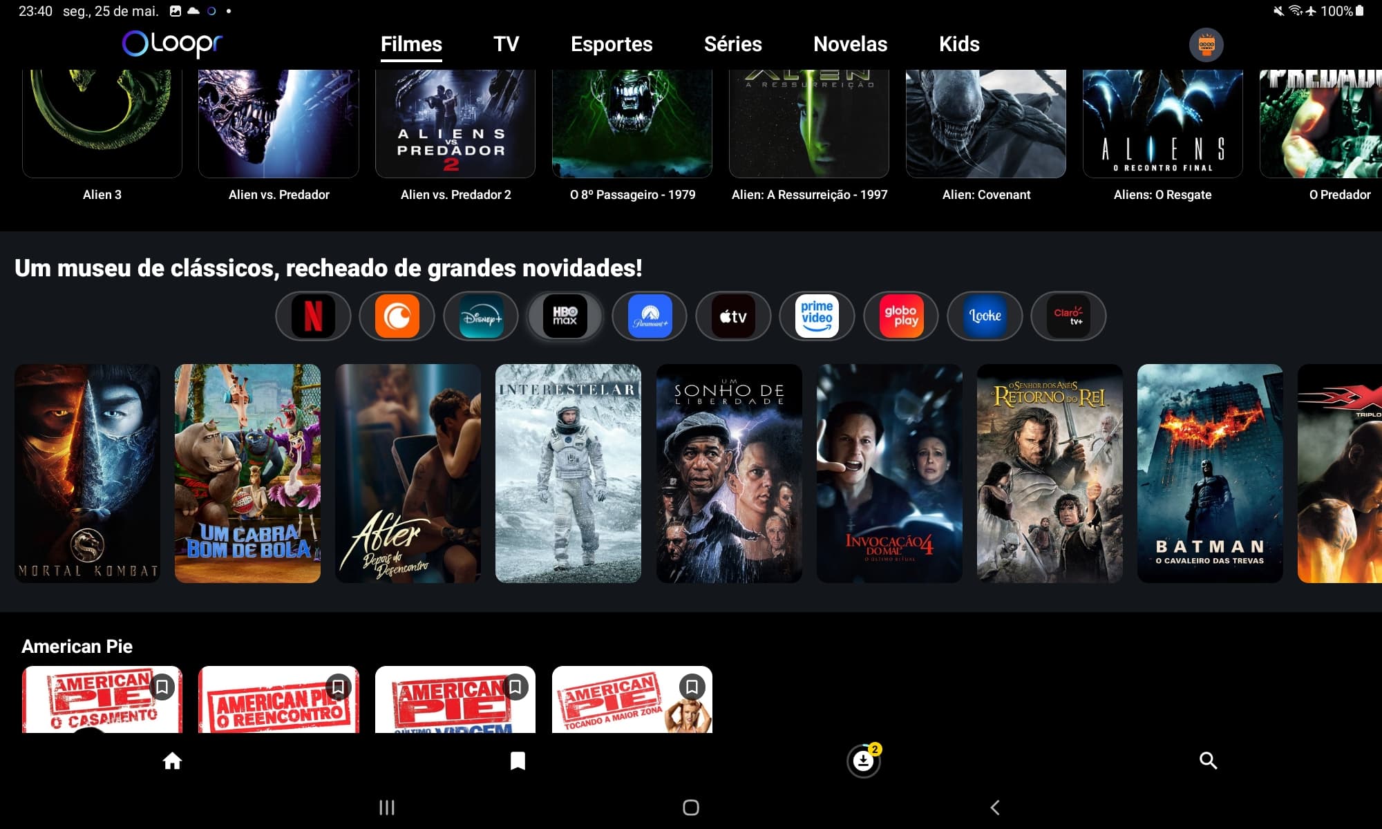 Tela do app Loopr com conteúdos organizados por plataformas